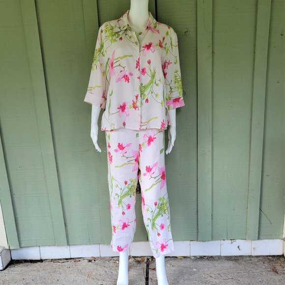Dandy by Randi M. White Pink Floral Linen Pants Oufit Set Large L - Picture 1 of 6